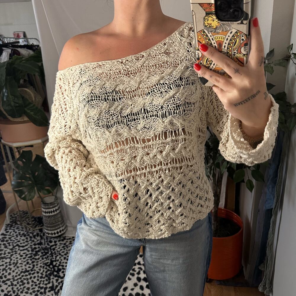 Free People Slouchy Crochet Sweater Boho Beige Size Medium